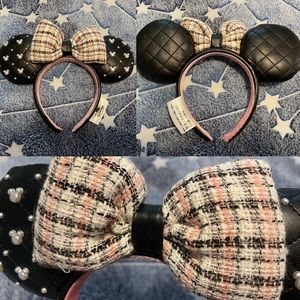 💕 WaltDisneyWorld Parks Tweed Bow & Pearl Ear Charms on Leather Minnie Ears 💕